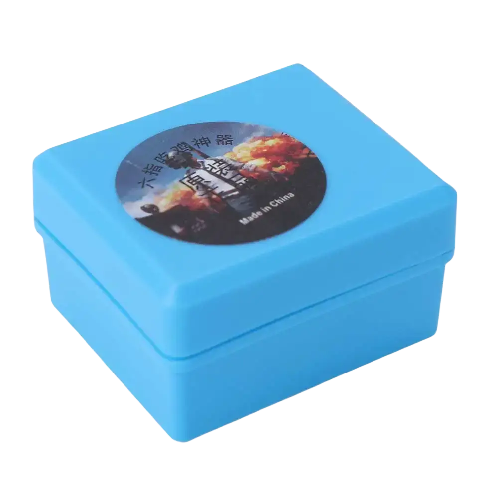 Bright blue plastic mobile gaming triggers L1r1 fire button controller with circular fiery sticker and Chinese characters
