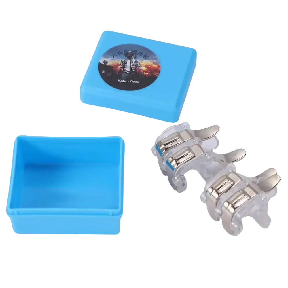 Clear plastic and silver metal mobile gaming triggers L1r1 fire button controller attachments for enhanced gameplay