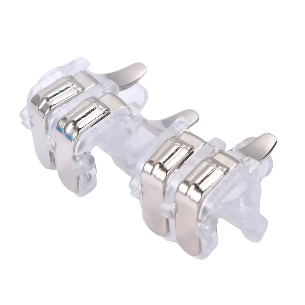 Clear plastic mobile gaming triggers L1R1 fire button controller grip with silver metallic accents for enhanced control