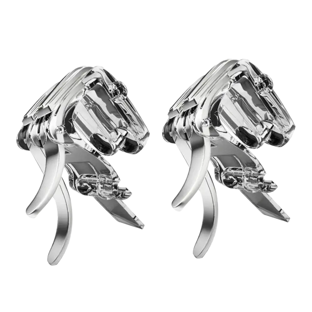 A pair of sleek silver-toned metallic horse-head cufflinks with polished chrome finish and intricate detailing for formal wear