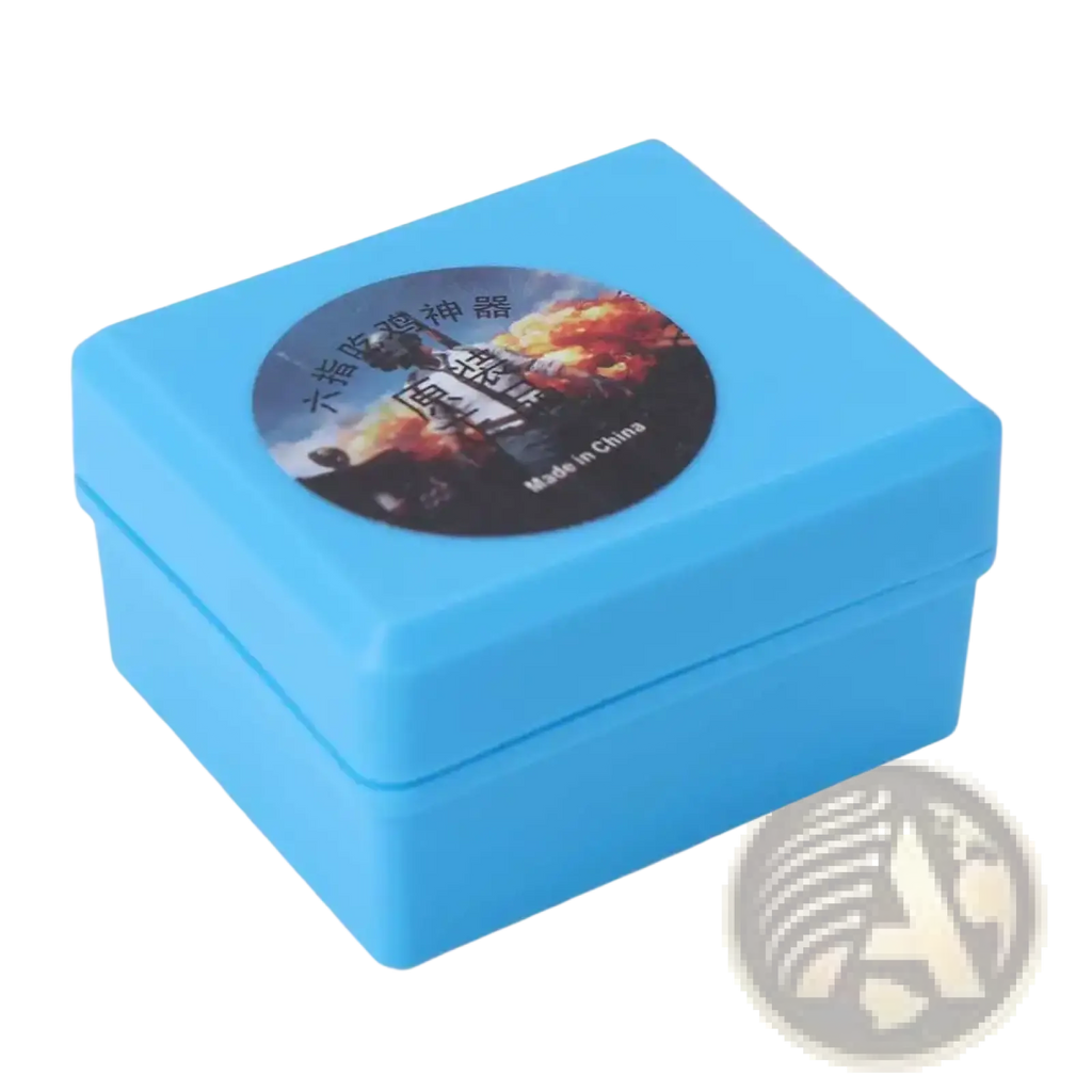 Bright blue plastic mobile gaming triggers L1r1 fire button controller with circular fiery sticker and Chinese characters