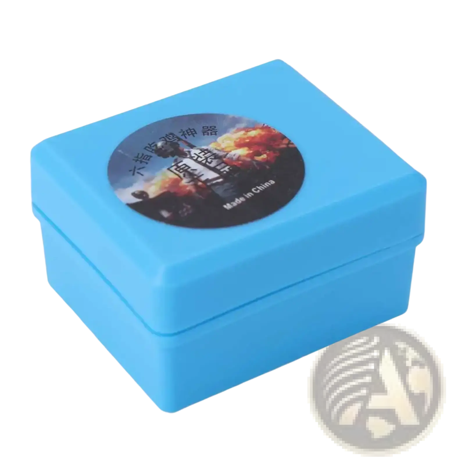 Bright blue plastic mobile gaming triggers L1r1 fire button controller with circular fiery sticker and Chinese characters