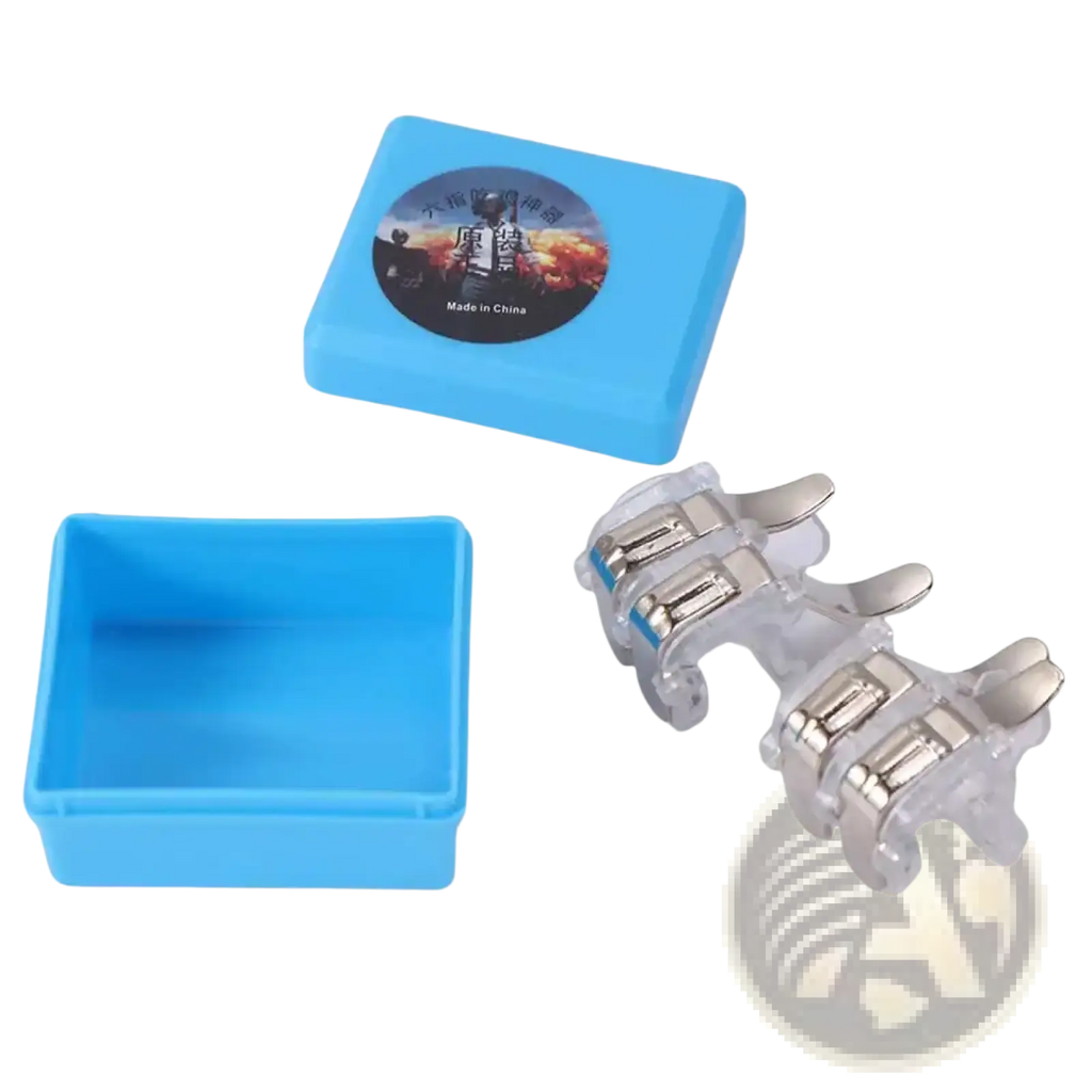 Clear plastic and silver metal mobile gaming triggers L1r1 fire button controller attachments for enhanced gameplay