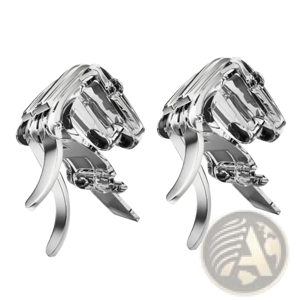 A pair of sleek silver-toned metallic horse-head cufflinks with polished chrome finish and intricate detailing for formal wear