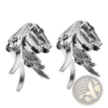 A pair of sleek silver-toned metallic horse-head cufflinks with polished chrome finish and intricate detailing for formal wear