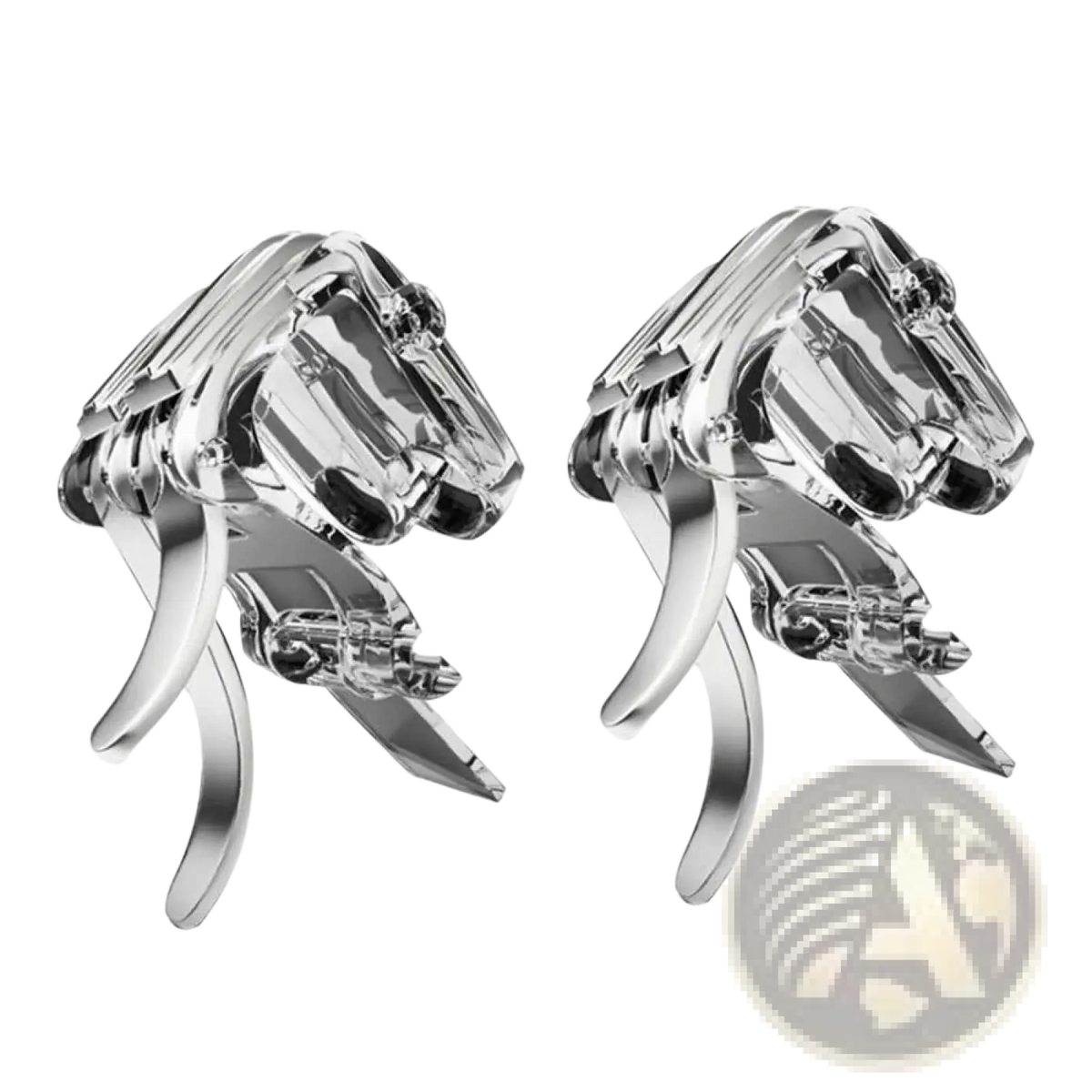 A pair of sleek silver-toned metallic horse-head cufflinks with polished chrome finish and intricate detailing for formal wear