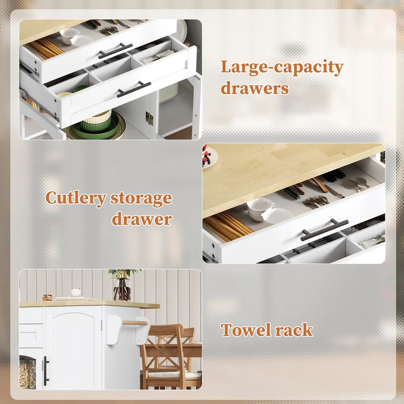 White mobile kitchen island with wooden countertop black handles large drawers for cutlery and towel rack on wheels