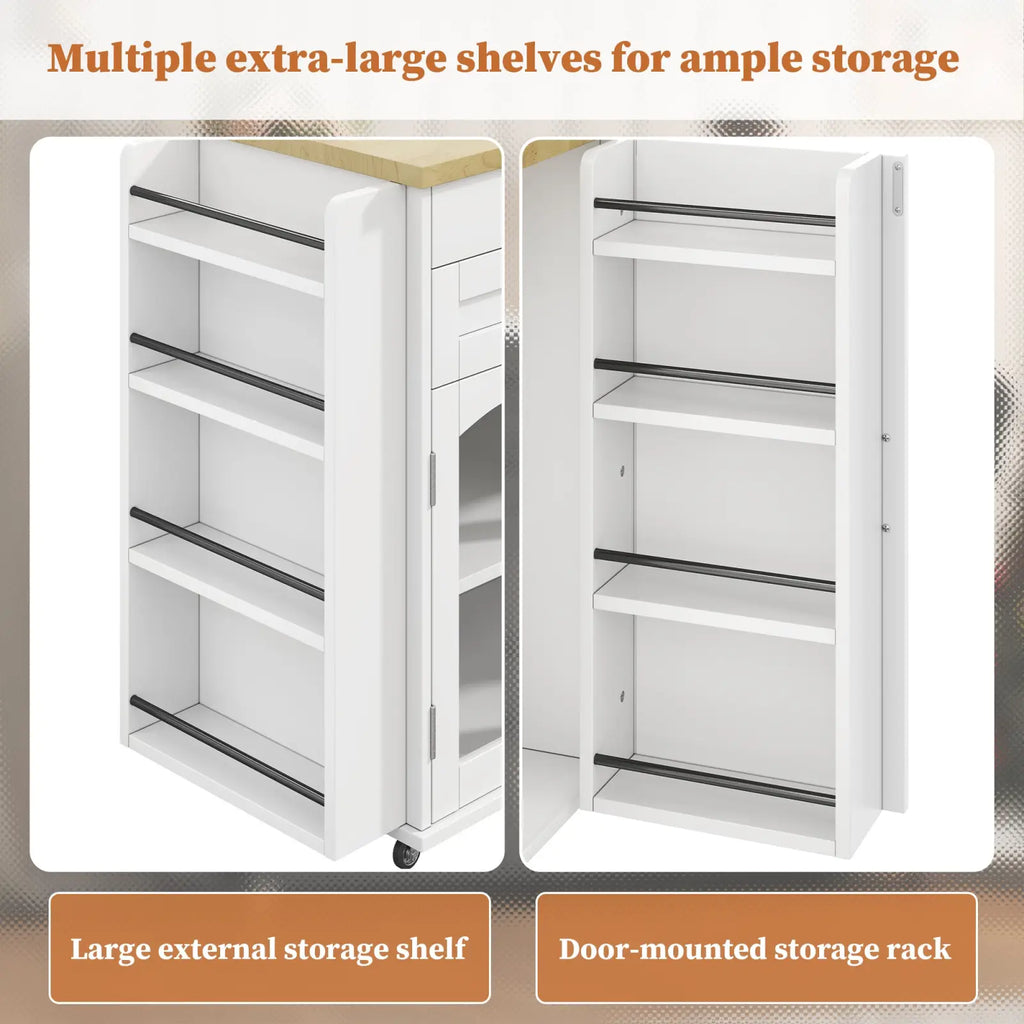 White mobile kitchen island with foldable light wood countertop and black metal shelf dividers on wheels