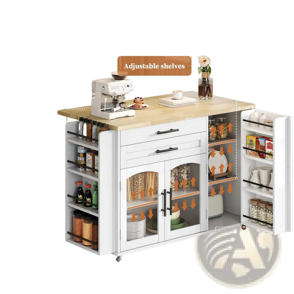 Mobile kitchen island white cart with light wood countertop adjustable shelves and 360 degree lockable wheels
