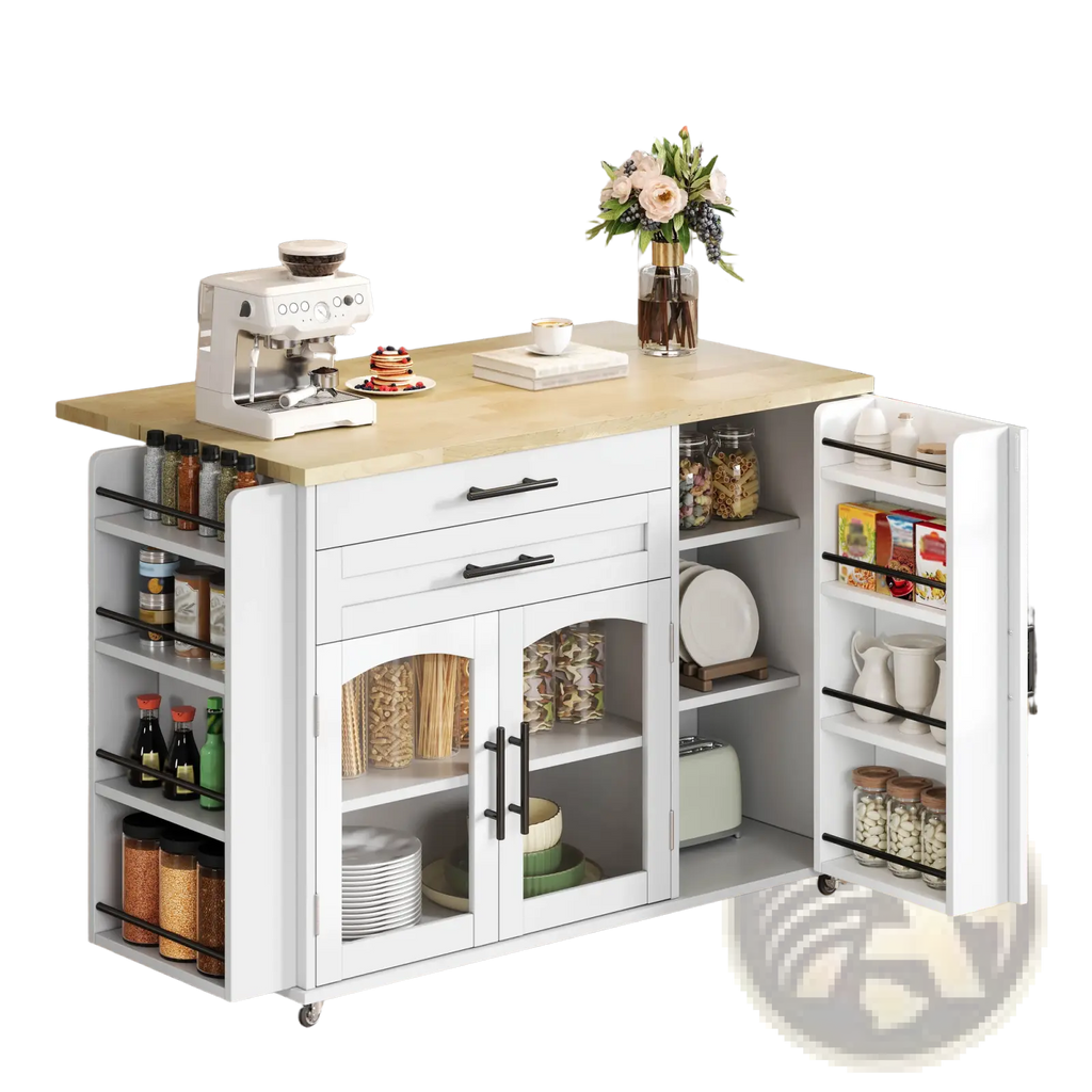 White mobile kitchen island cart with light wood countertop, black handles, foldable worktop, open shelving, and wheels