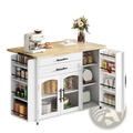 White mobile kitchen island cart with light wood countertop, black handles, foldable worktop, open shelving, and wheels