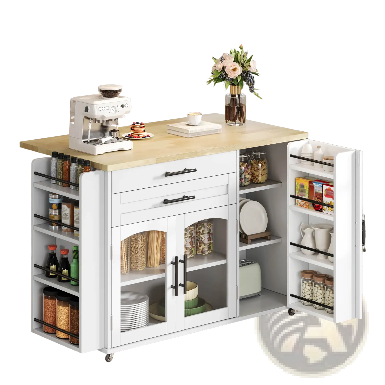 White mobile kitchen island cart with light wood countertop, black handles, foldable worktop, open shelving, and wheels