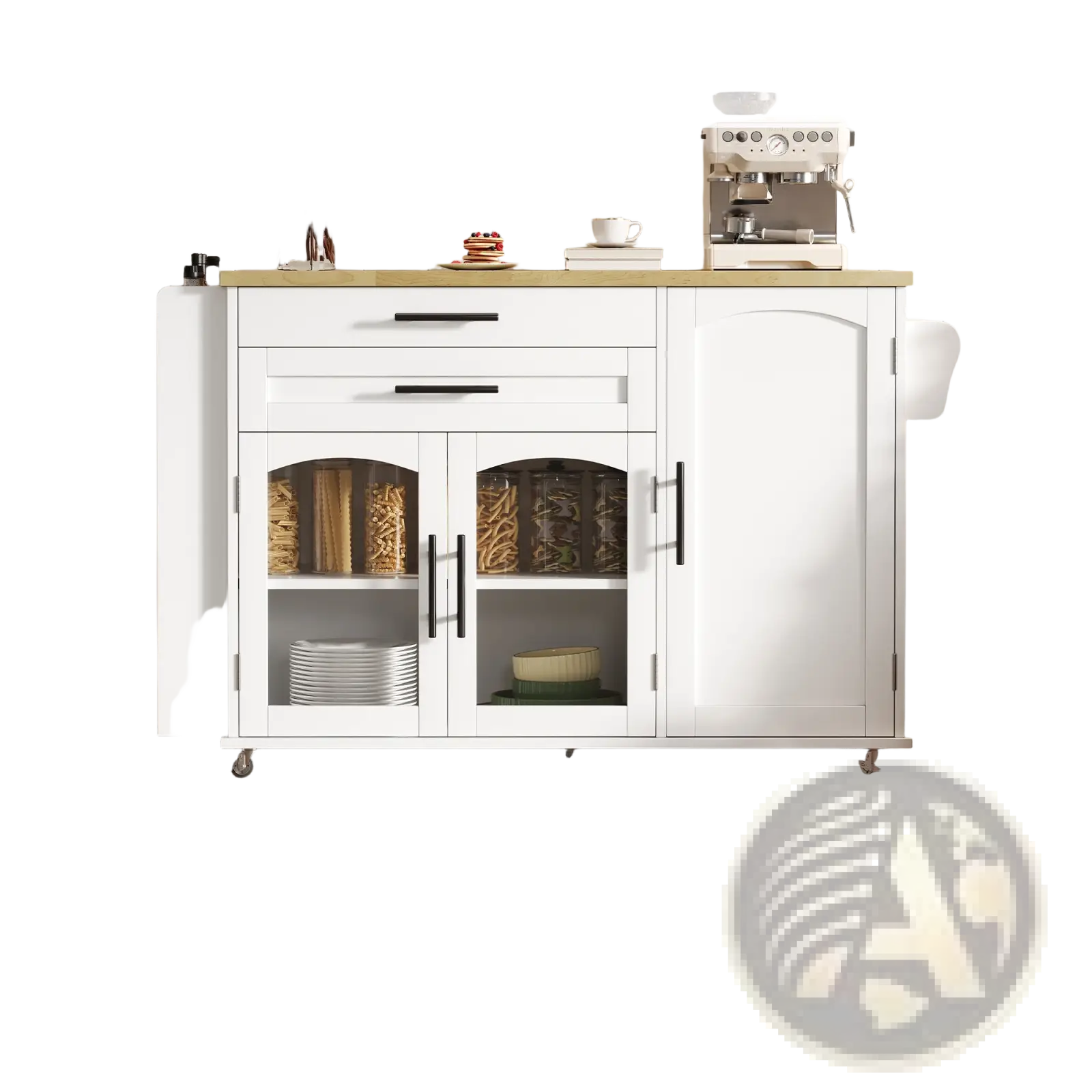 Mobile kitchen island with foldable worktop and wheels featuring white wood cart, light countertop, black handles, and glass cabinets