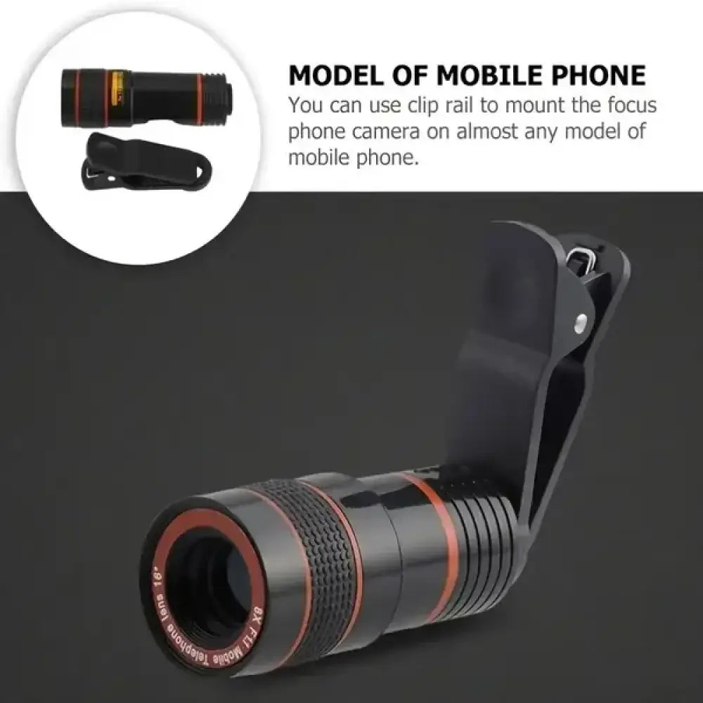 Black and red clip-on phone camera lens with textured grip rings shown with 8-in-1 cordless electric spin scrubber with telescopic handle