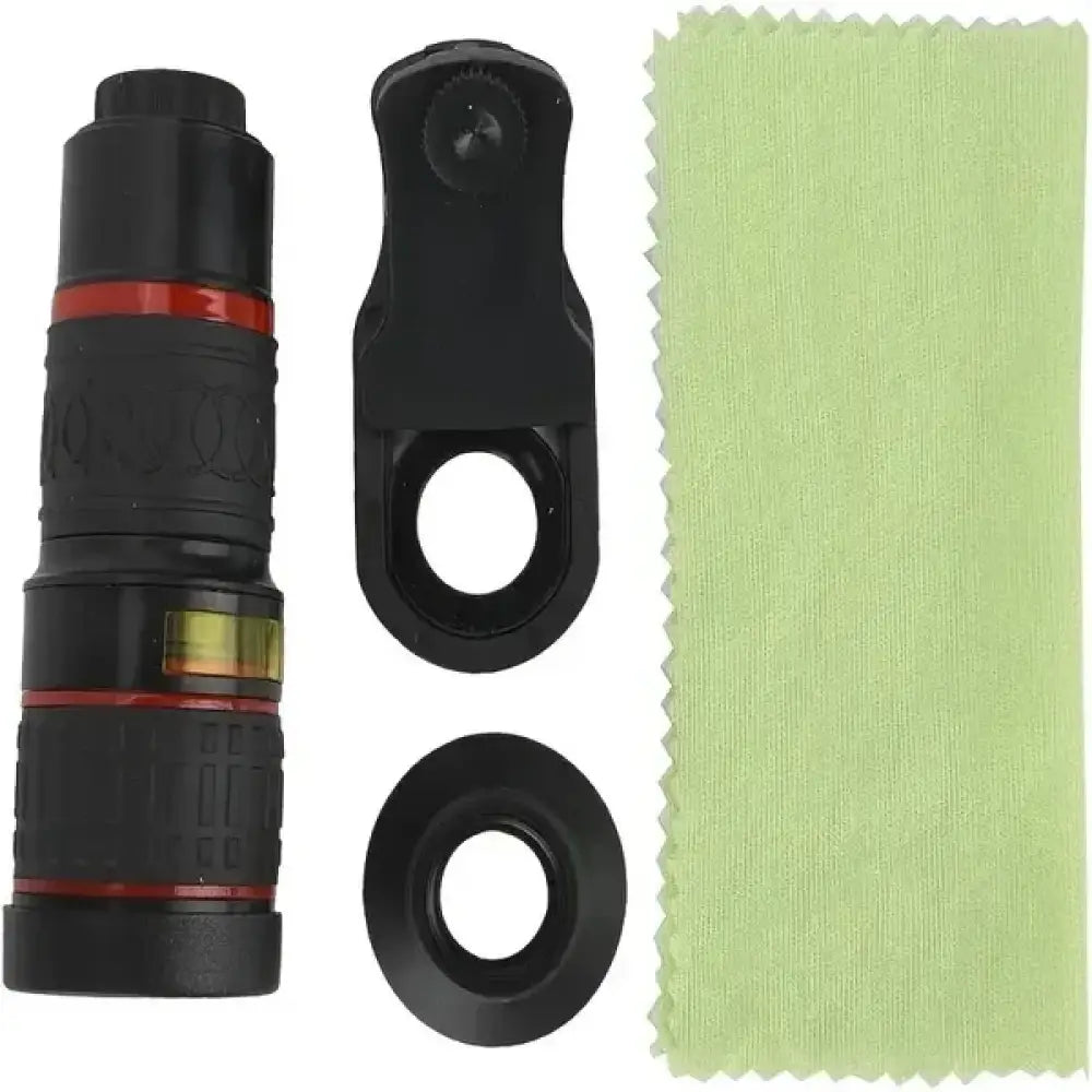Black and red telescopic phone camera lens with textured grip, black clip mount, and circular adapter ring for 8-in-1 cordless electric spin scrubber