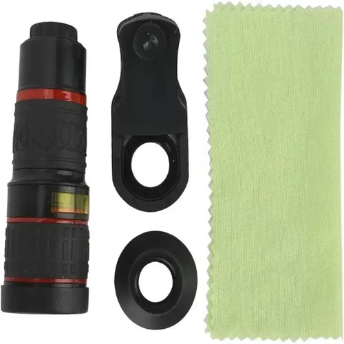 Black and red telescopic phone camera lens with textured grip, black clip mount, and circular adapter ring for 8-in-1 cordless electric spin scrubber