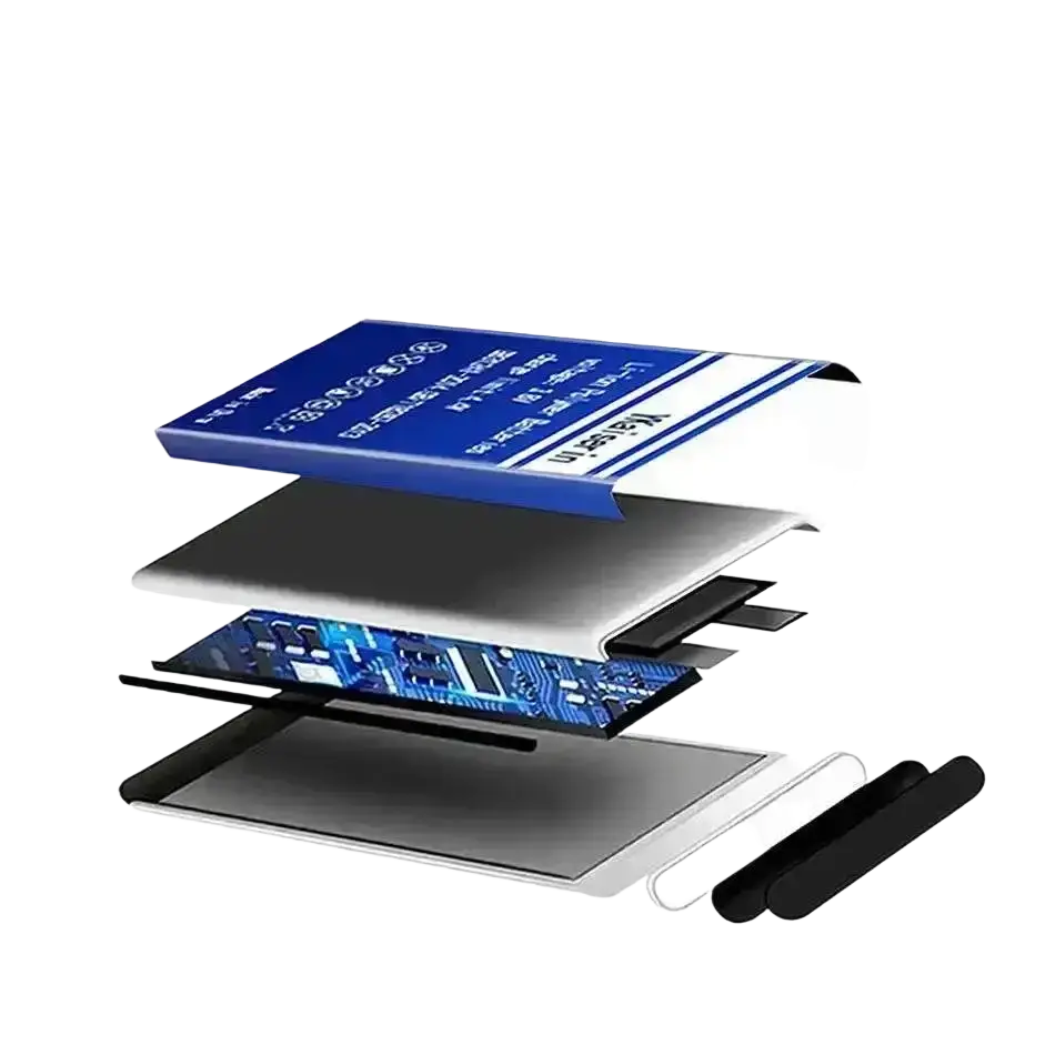 Blue and white labeled bat-51585-103 mobile phone battery with internal circuitry exposed for blackberry q5