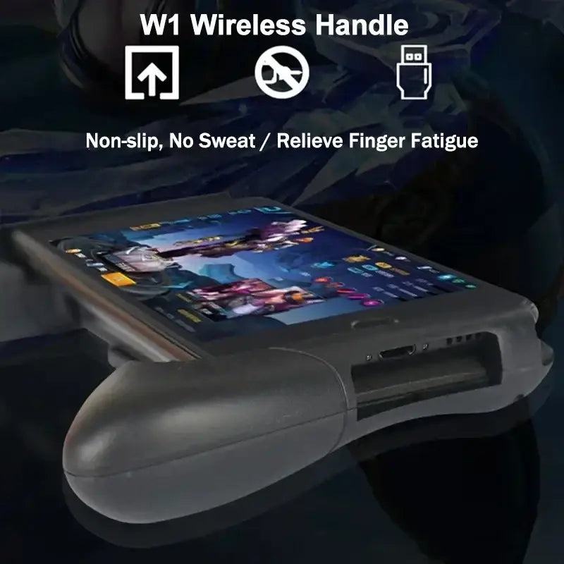 Gray wireless mobile phone gamepad with ergonomic grip and usb-c charging port for ios android controllers