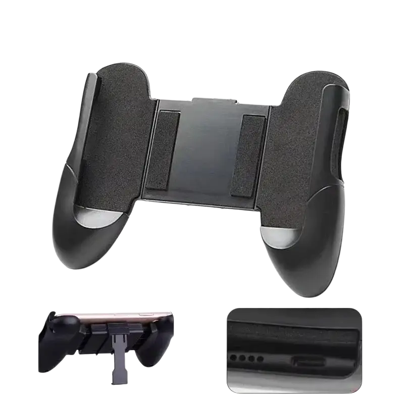 Black plastic mobile phone gamepad joysticks with textured grip surfaces and central clip for ios android devices