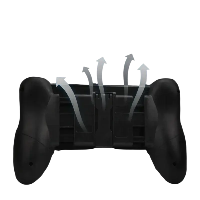 Black plastic mobile phone gamepad with thermal vents on the back to reduce phone heat for ios and android phones