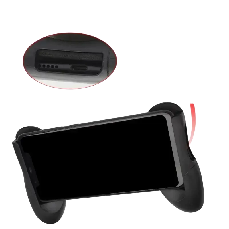Black plastic mobile phone gamepad joysticks with integrated charging port for ios android on-the-go gameplay