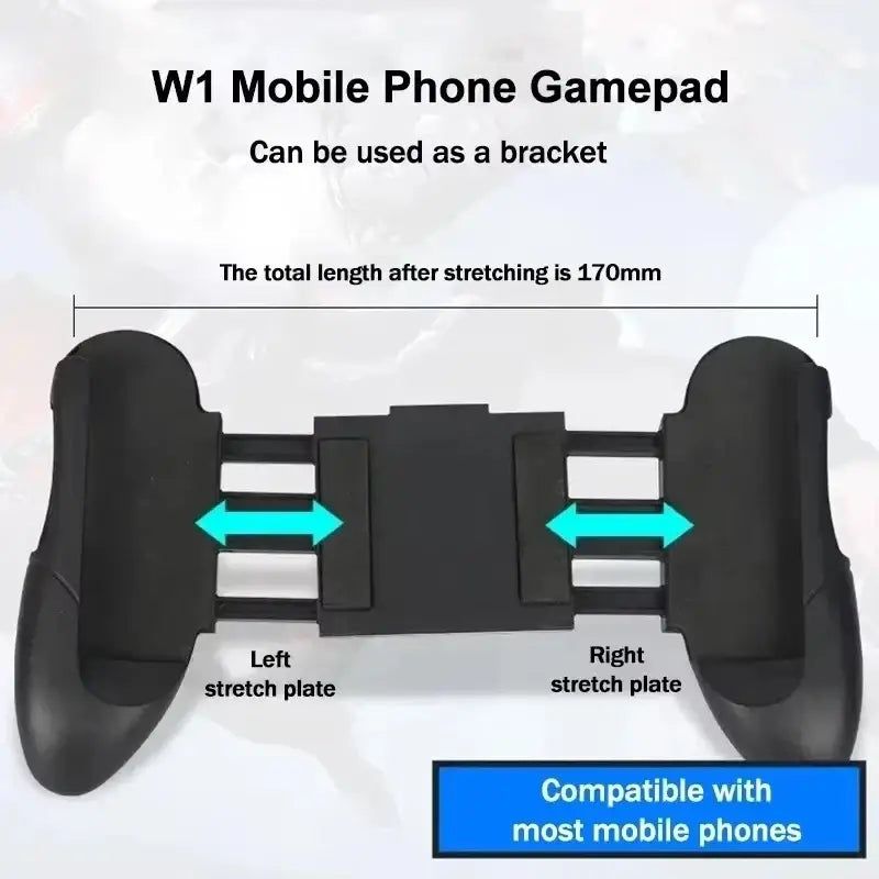 Black plastic mobile phone gamepad with adjustable stretch plates for grip compatible with ios and android devices