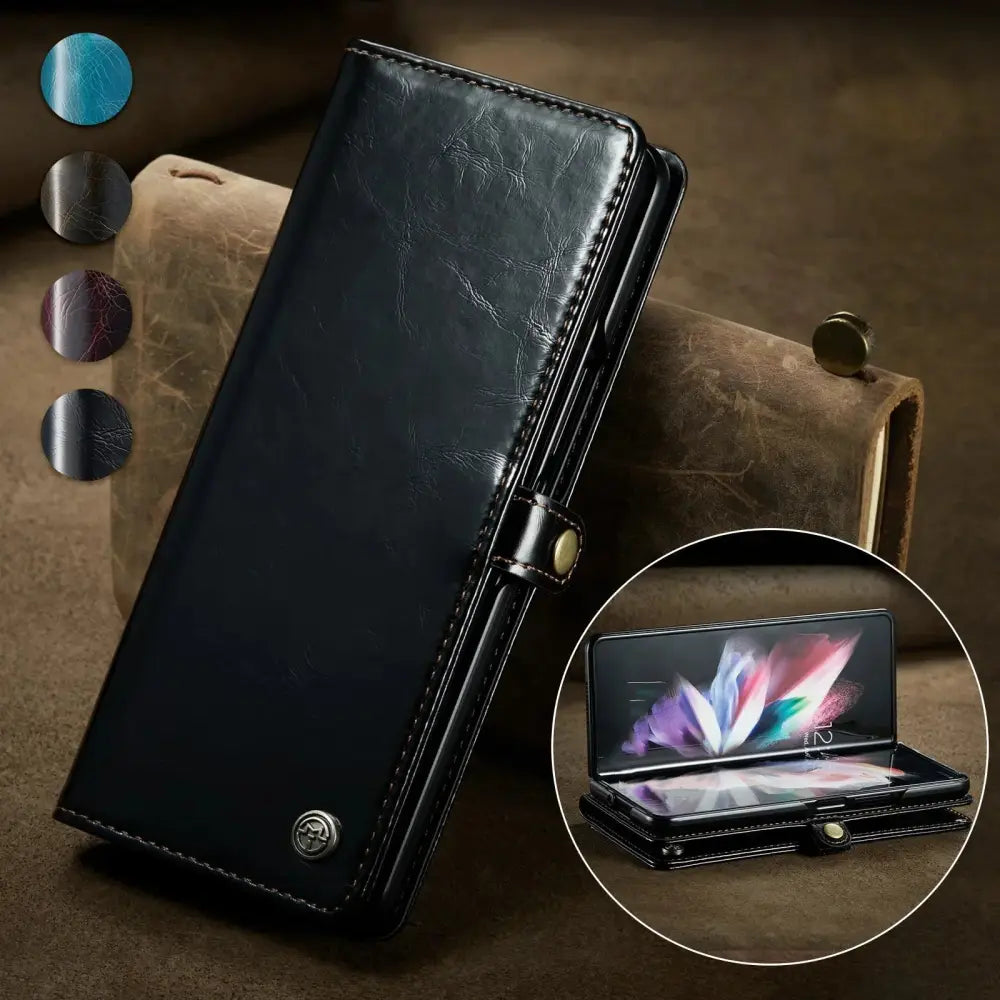 Ergonomic anti fatigue game console handle grip in black leather wallet style with textured surface and gold tone clasp