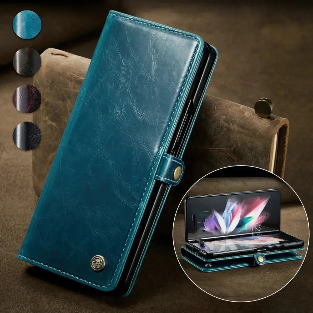 Ergonomic anti fatigue game console handle grip shown as a teal leather wallet style phone case with stitched edges and clasp