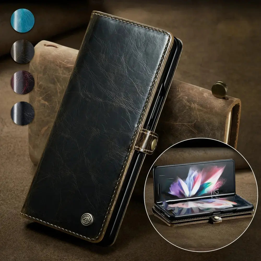 Black leather wallet style phone case with gold stitching and clasp for ergonomic anti fatigue game console handle grip