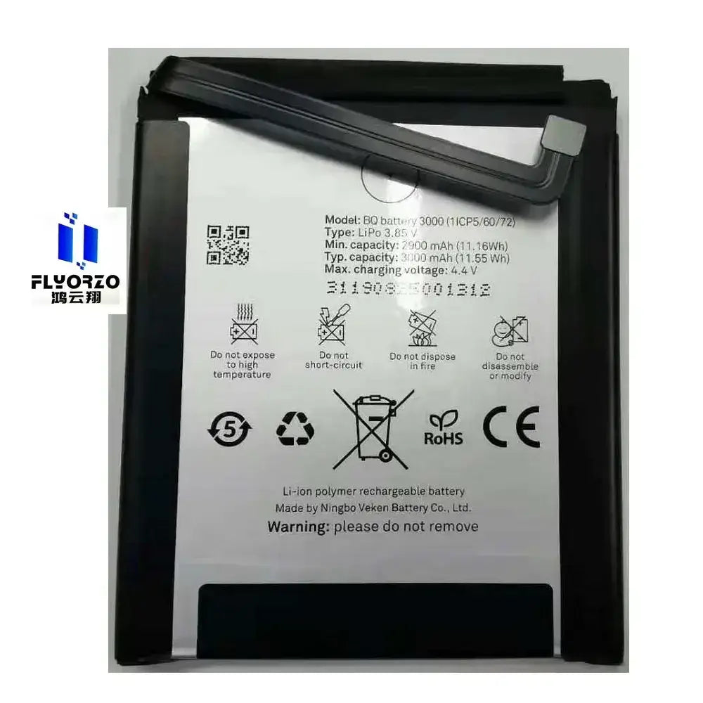 Black li-ion polymer high quality replacement battery with white label and specifications for bq 3000 mobile phone