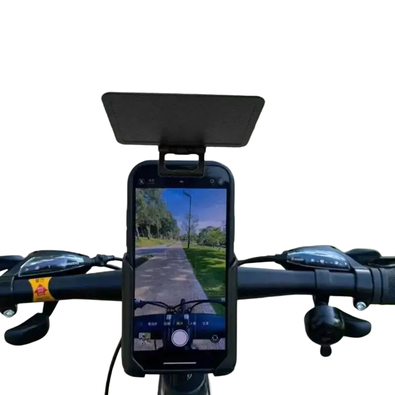Black mobile phone sun visor with integrated rainproof and sunshade screen mount for bike handlebars