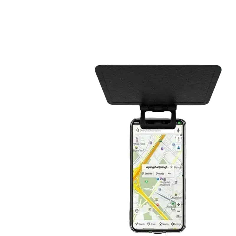 Black smartphone mount with minimalist design for hands-free viewing in a mobile phone sun visor anti-glare cover