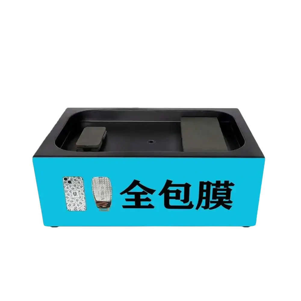 Bright blue mobile phone vacuum film laminating machine with black interior and gray foam pads for phone vacuum use