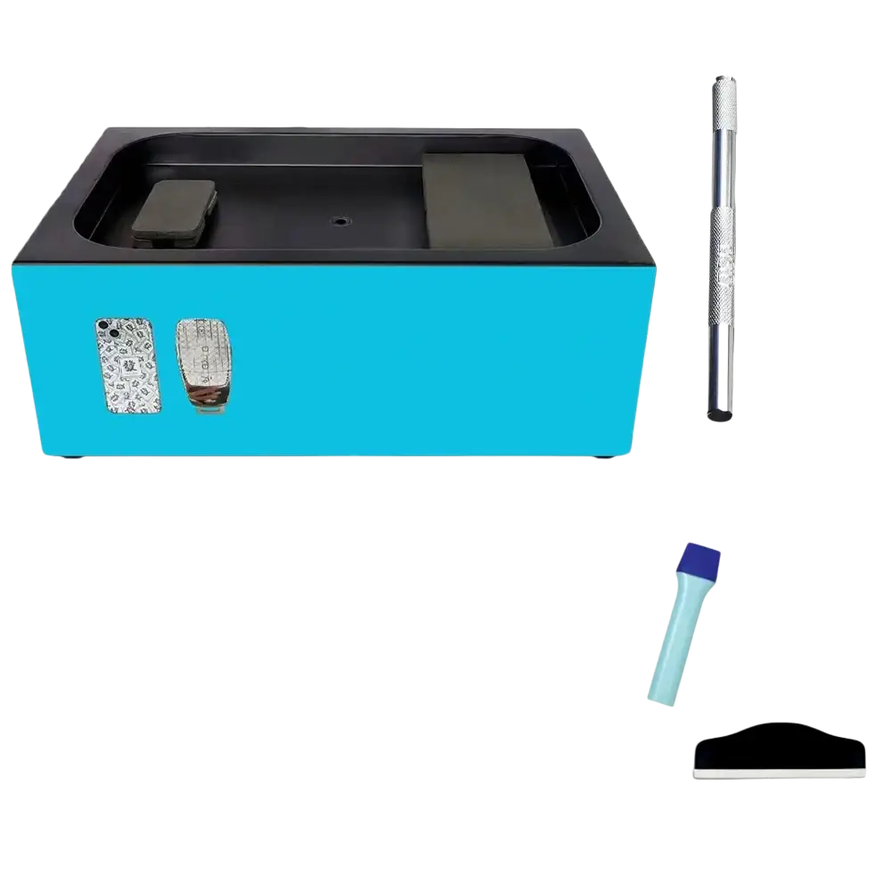 Bright turquoise plastic mobile phone vacuum film laminating machine with black interior and side window display