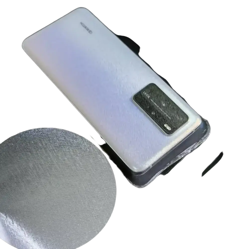 Back side of a huawei mobile phone with matte white panel and rectangular leica camera module used in mobile phone vacuum film laminating machine