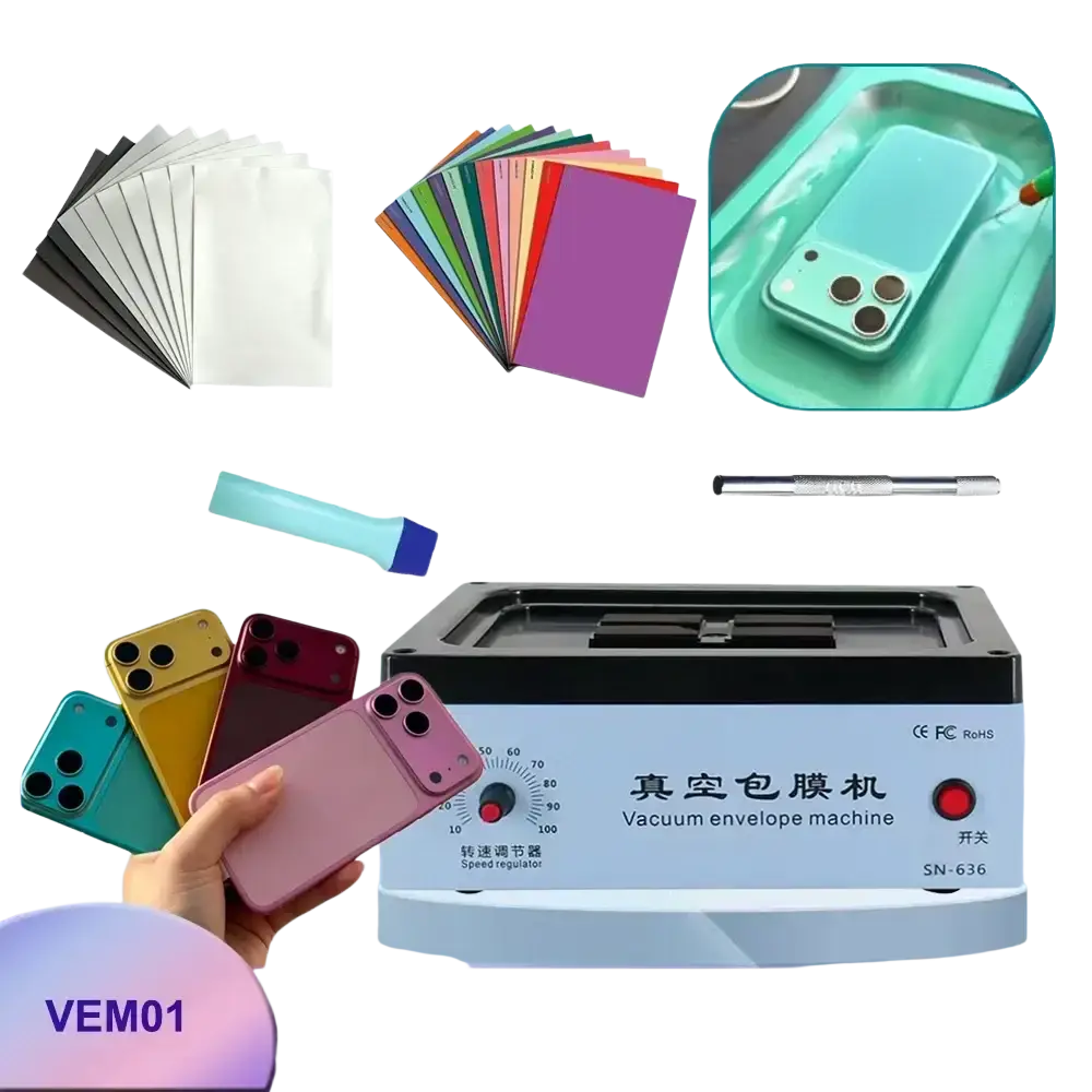 Light blue mobile phone vacuum film laminating machine with black accents and speed regulator dial for shipping cost use