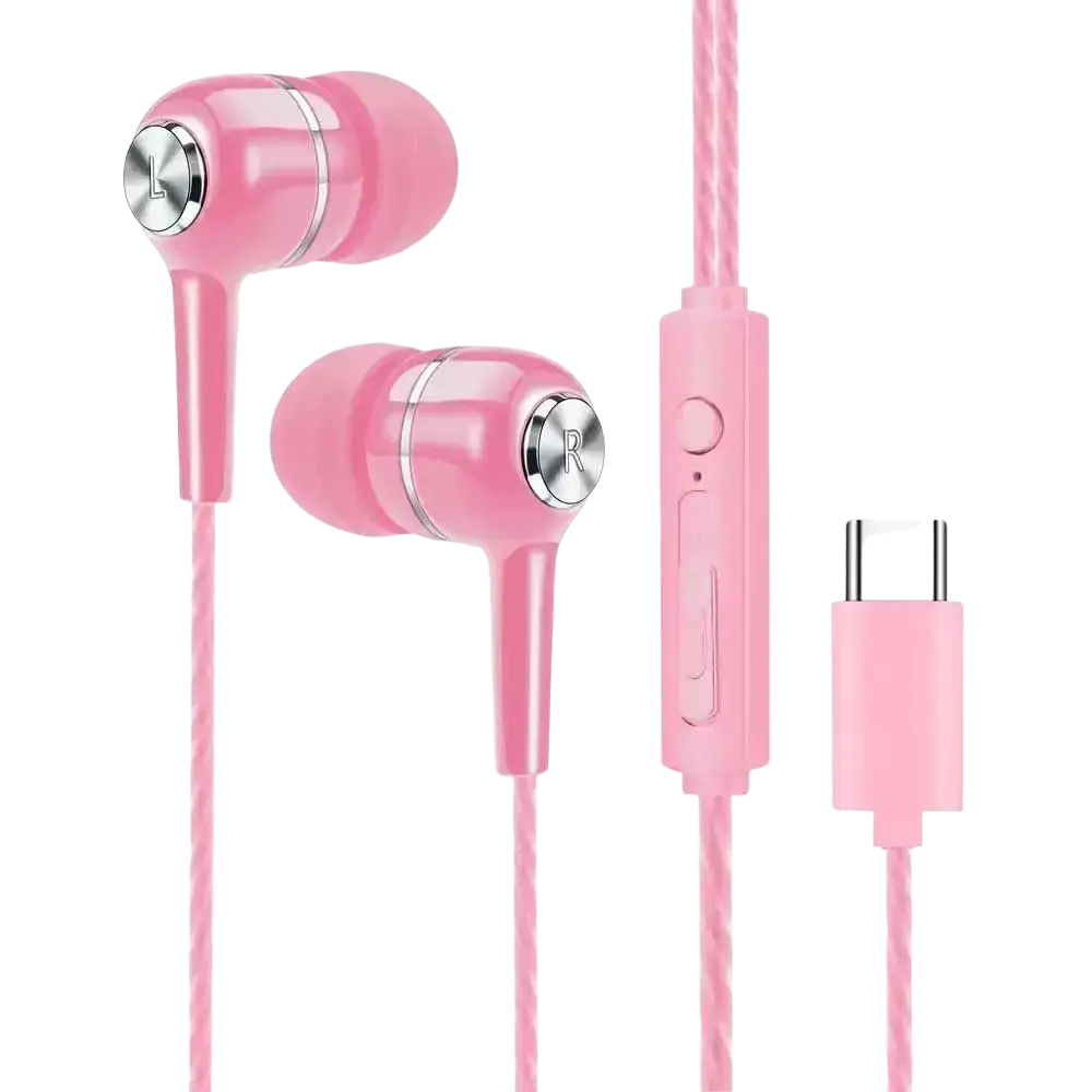 Pink mobile phone wired in ear earphones with silver metallic accents and usb-c connector and microphone
