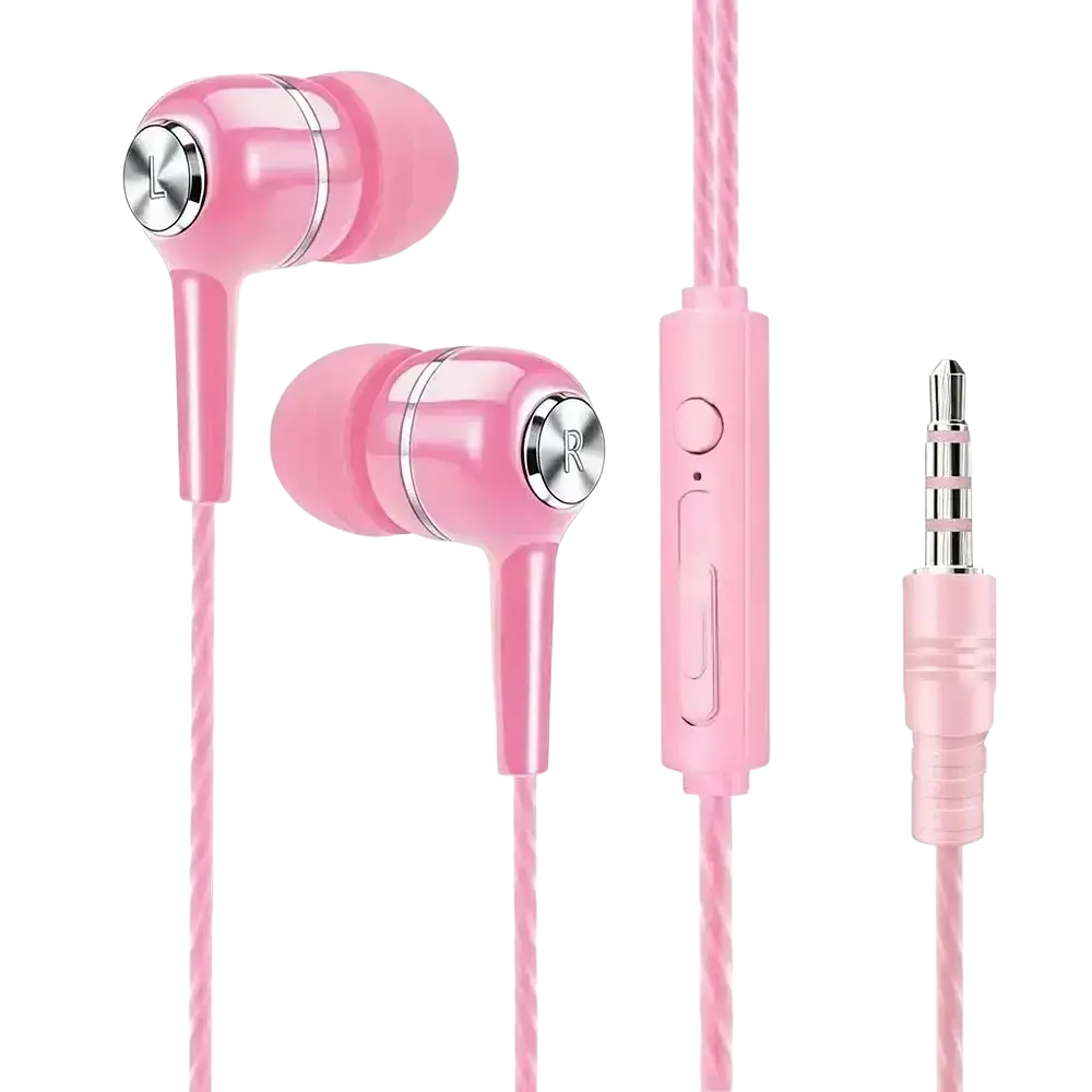 Pink mobile phone wired in ear earphones with microphone featuring silver metallic accents and braided cable