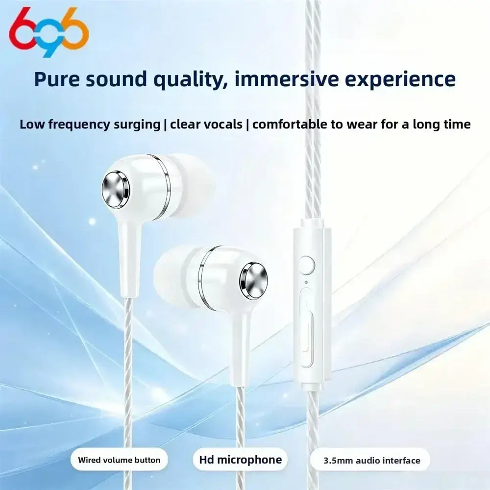 White mobile phone wired in ear earphones with silver accents braided cable and inline control module for phone wired use