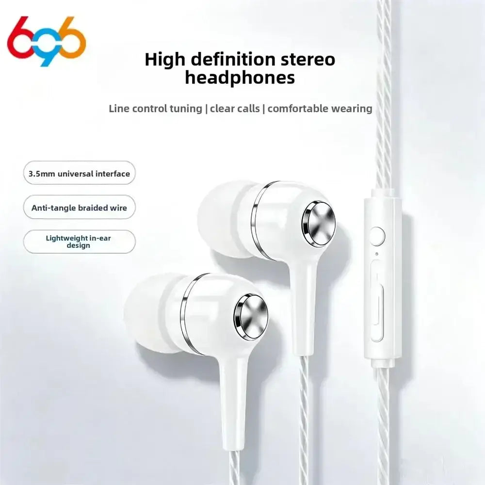 White mobile phone wired in ear earphones with silver accents, braided cable, and inline microphone control module