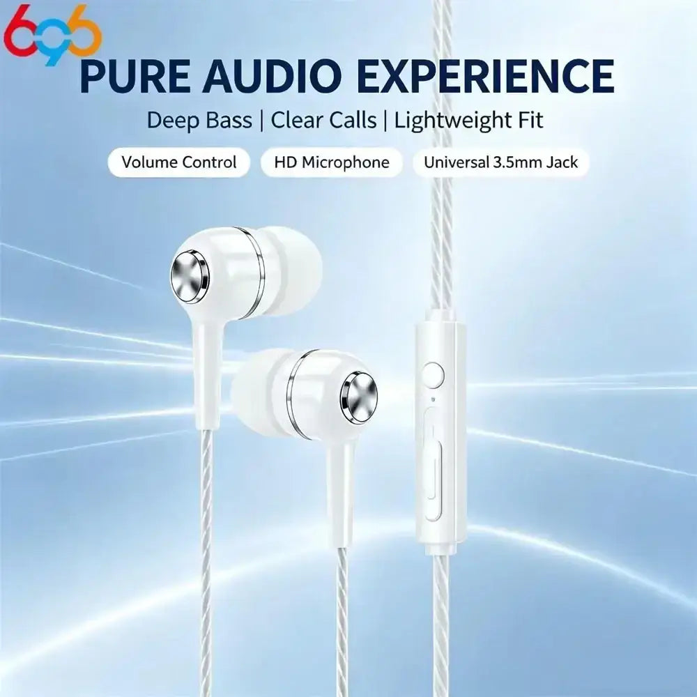 Mobile phone wired white in-ear earphones with silver accents braided cable and inline microphone control module