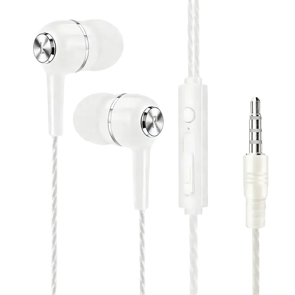 White mobile phone wired in ear earphones with microphone featuring silver metallic accents and braided cable