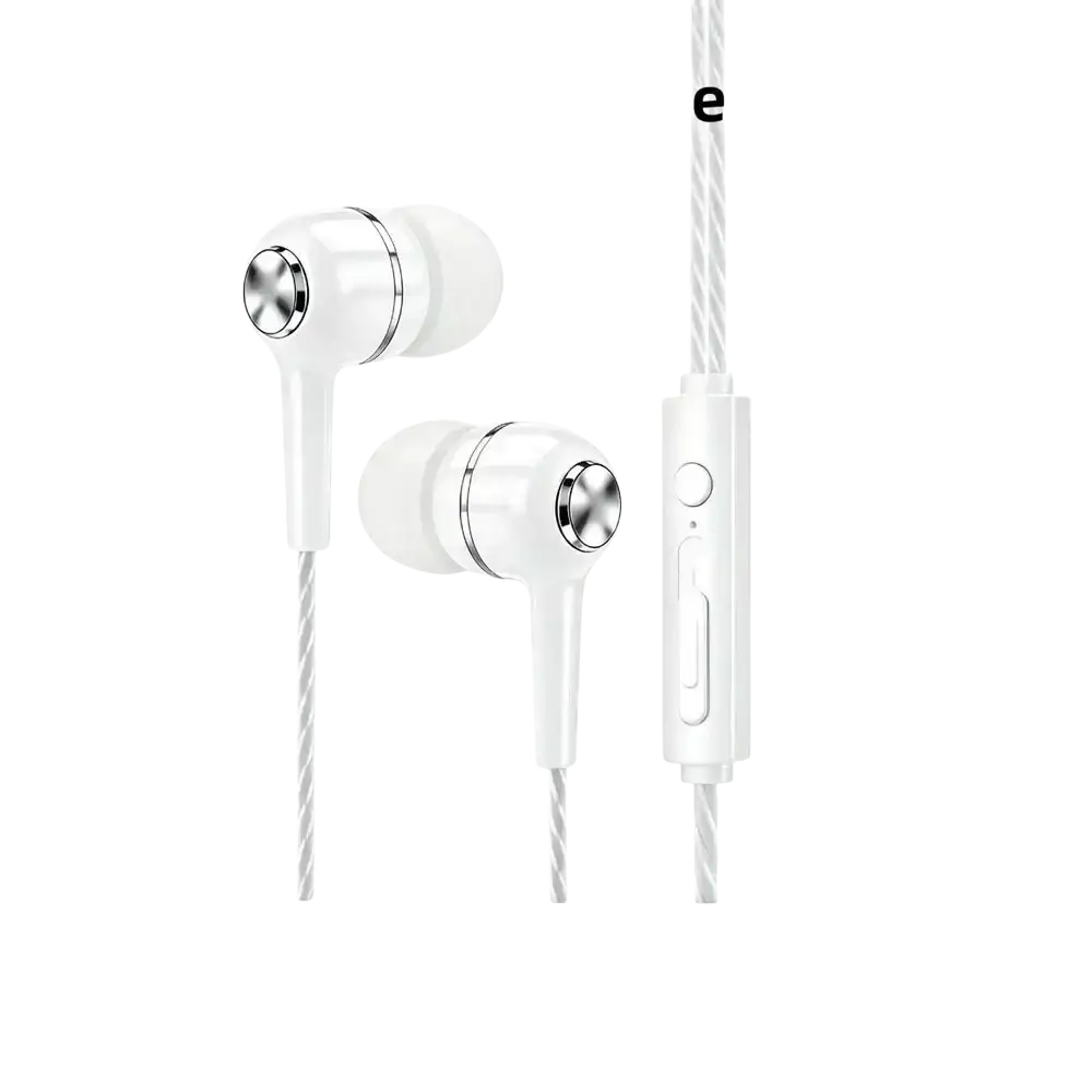 White mobile phone wired in ear earphones with silver accents, braided cable, and inline microphone control module