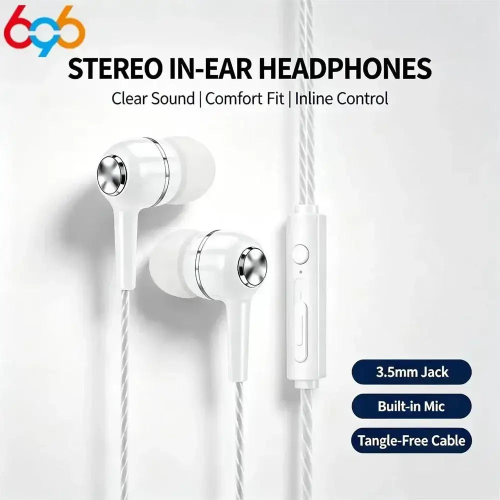 White in-ear mobile phone wired earphones with microphone featuring silver metallic accents and a braided cable