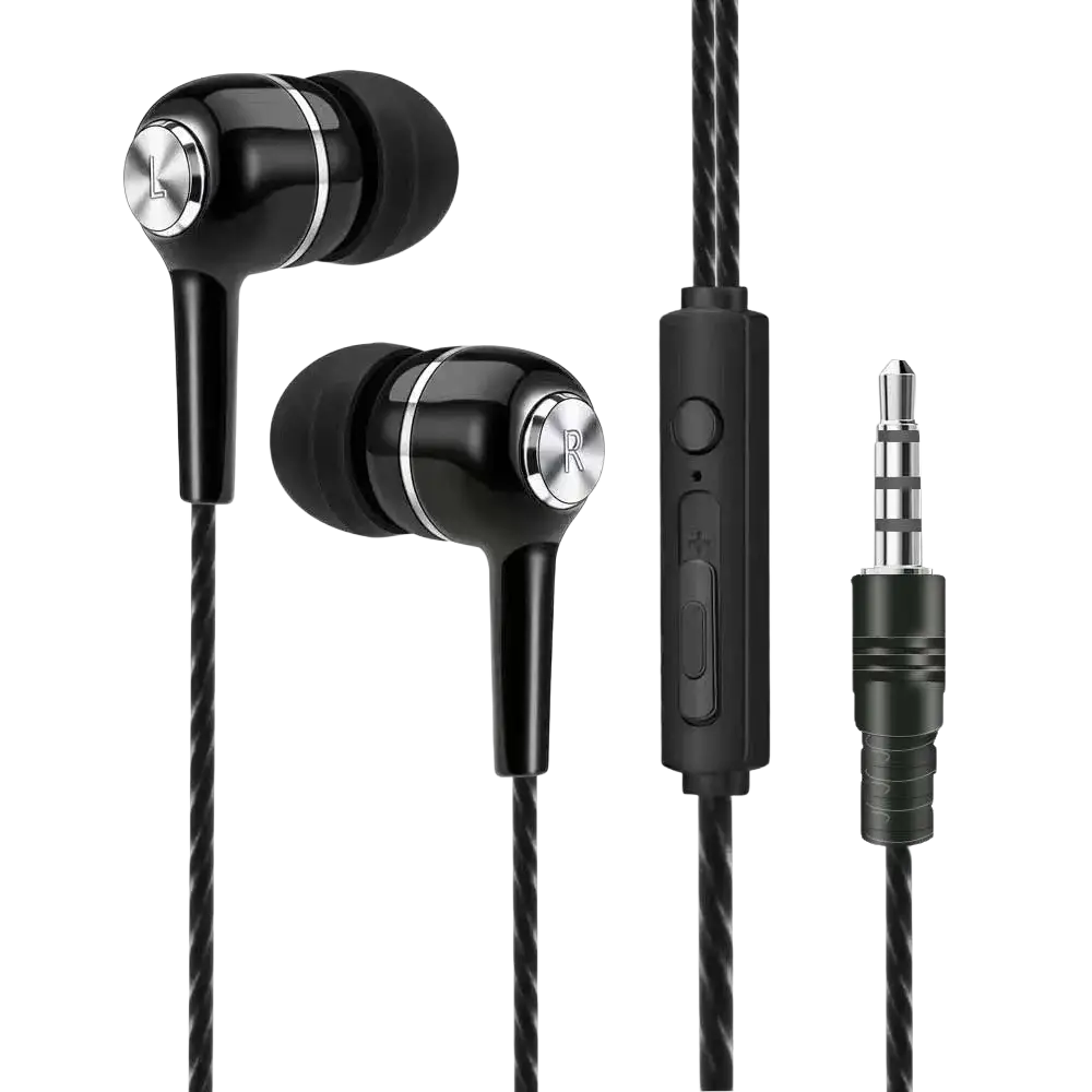 Black mobile phone wired in-ear headphones with silver accents, inline control, microphone, and 3.5mm audio jack
