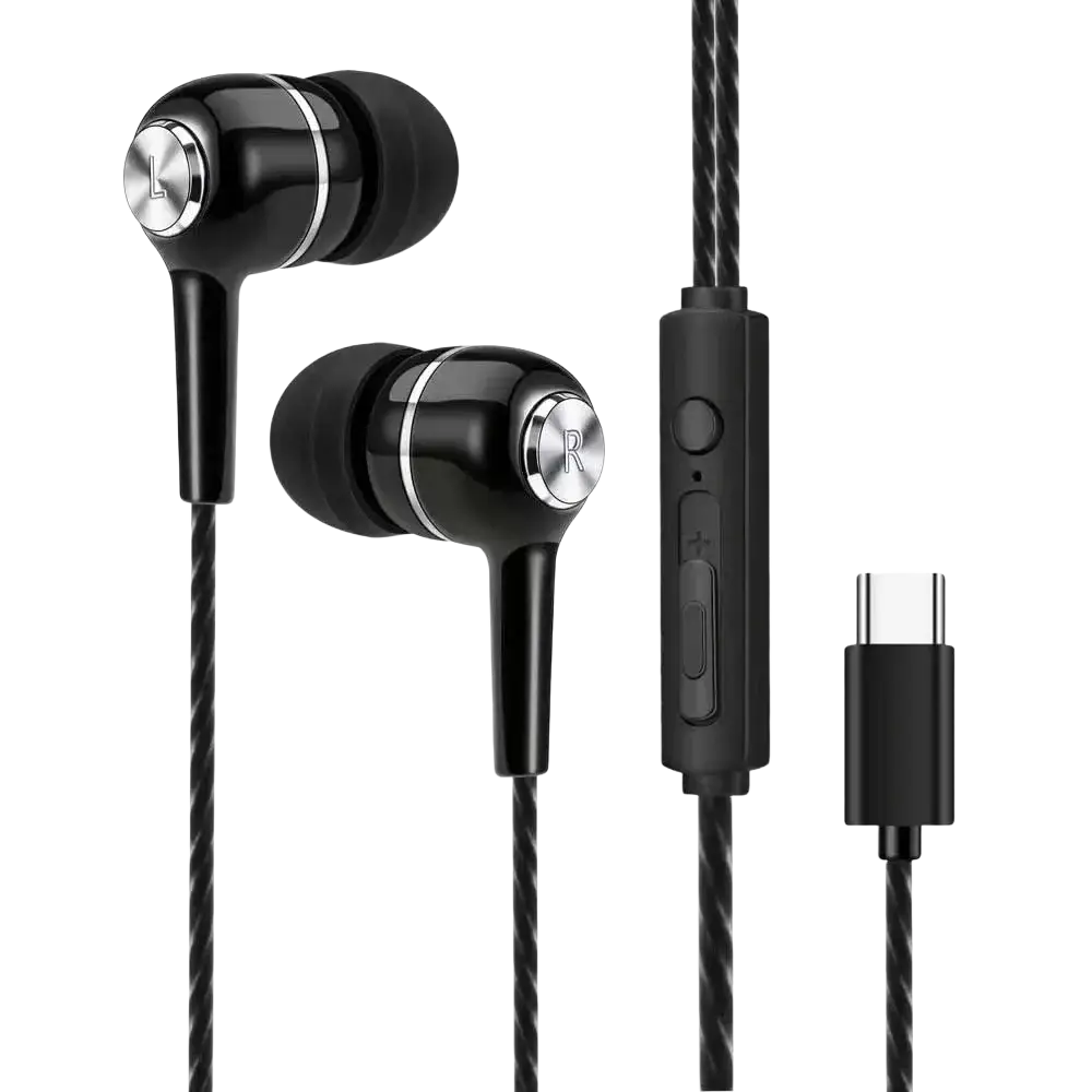 Black in-ear mobile phone wired headphones with silver accents and usb-c connector featuring built-in microphone
