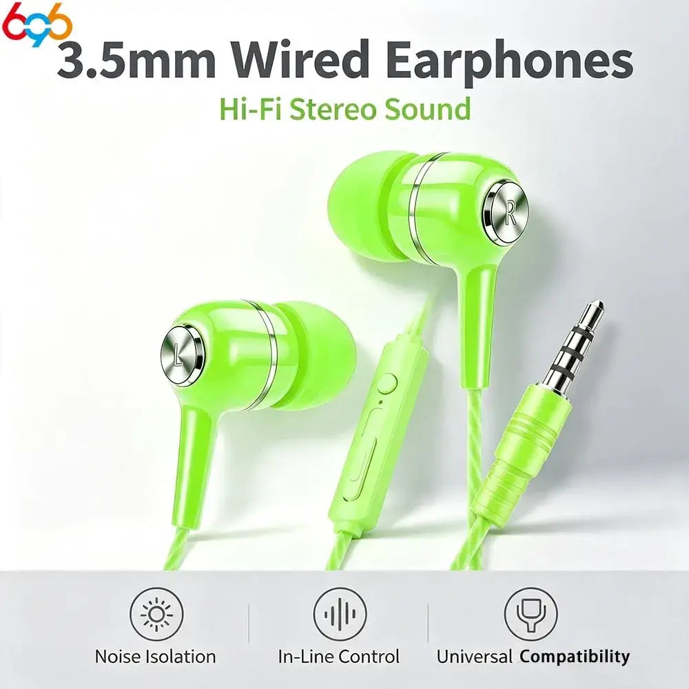 Bright green mobile phone wired in-ear headphones with silver control buttons and in-line remote for volume adjustment