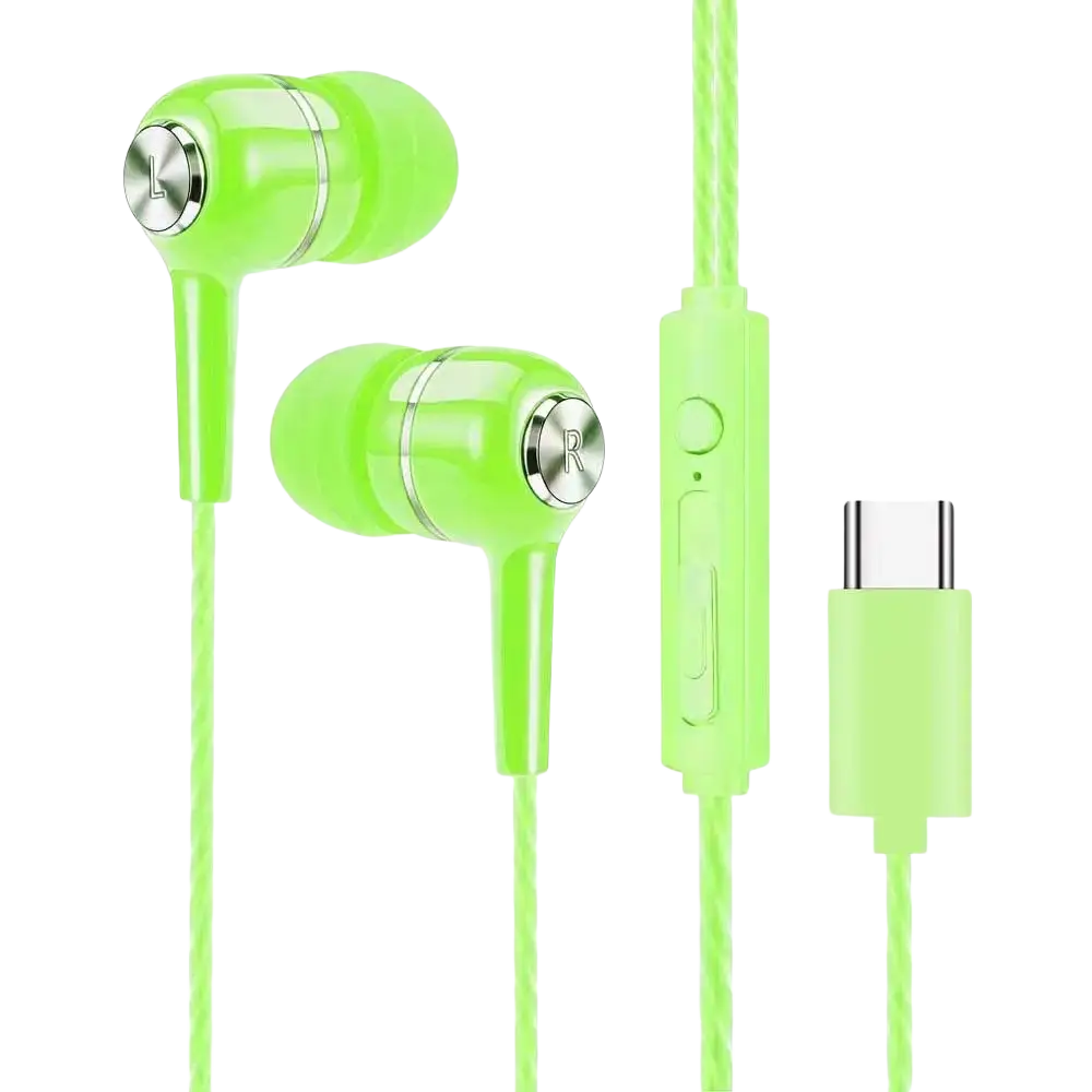Mobile phone wired in-ear headphones in lime green with silver metallic markers and matching usb-c charging cable