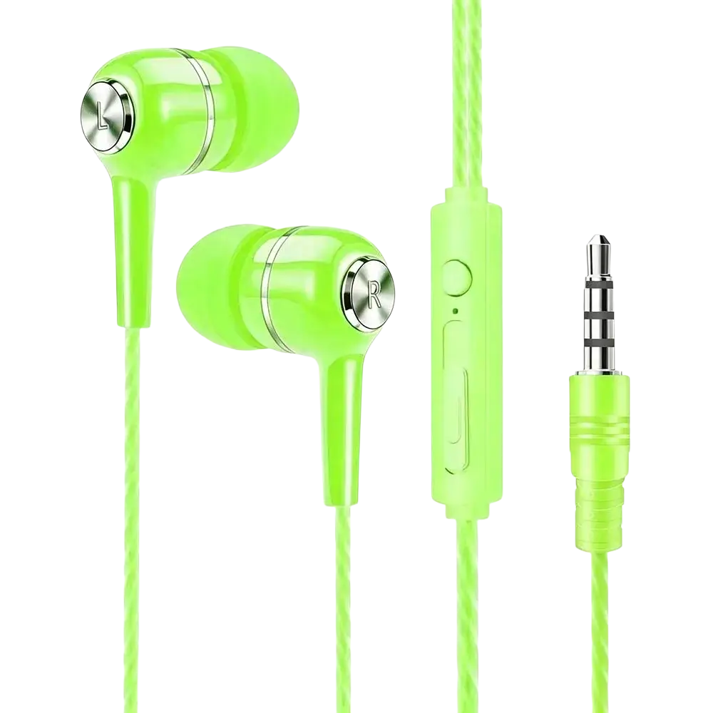 Mobile phone wired in-ear headphones in lime green with silver accents, inline control, microphone, and 3.5mm jack