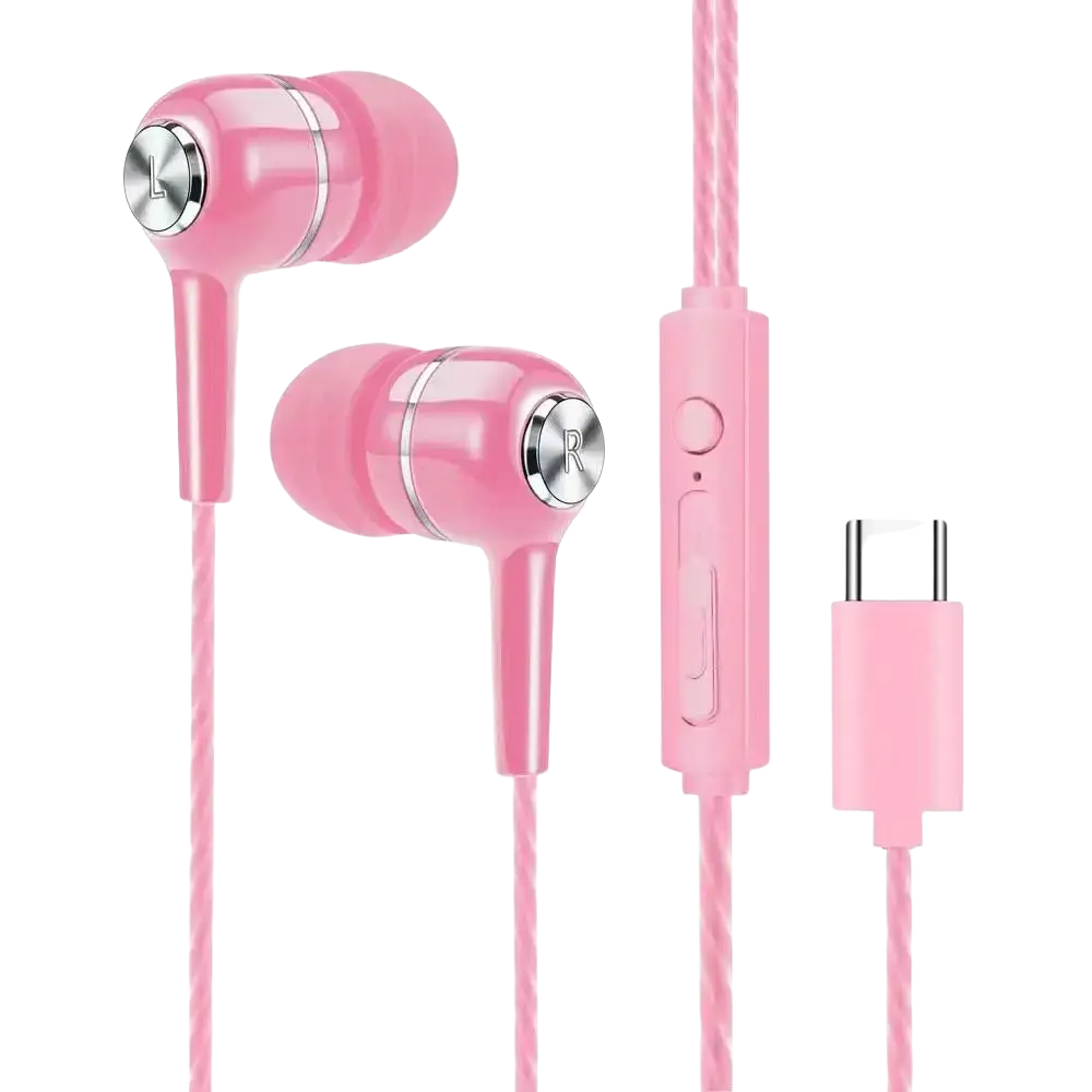 Mobile phone wired in-ear headphones with microphone in pink featuring silver metallic accents and a matching usb-c cable